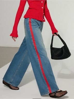 Commence Contrast Side Striped Wide Leg Jeans NWT Red Modern Medium